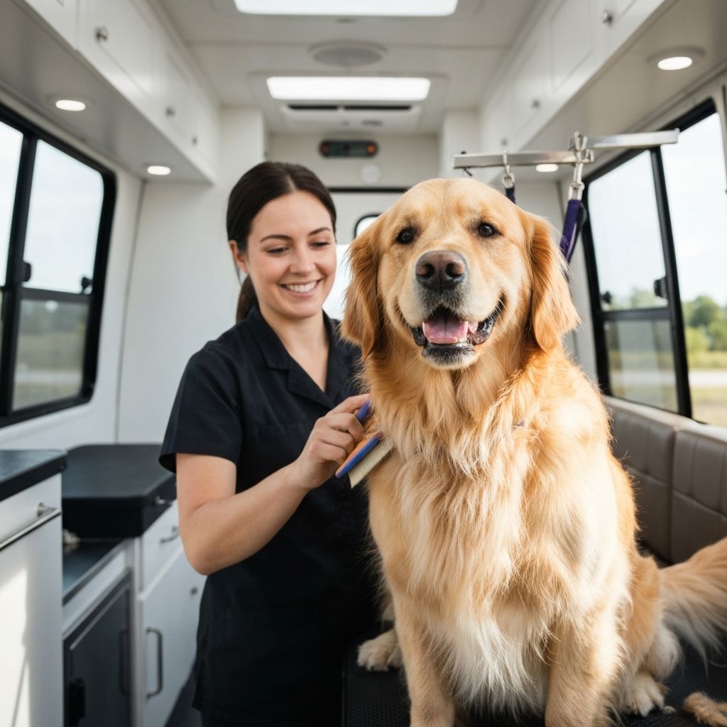 Mobile pet grooming van parked in a Grimsby residential driveway